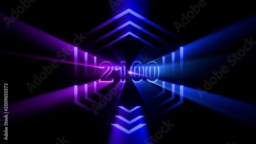 Tableau sur toile Futuristic Neon Year 2100 Background with Glowing Blue and Purple Light Beams and Hexagonal Geometric Lines