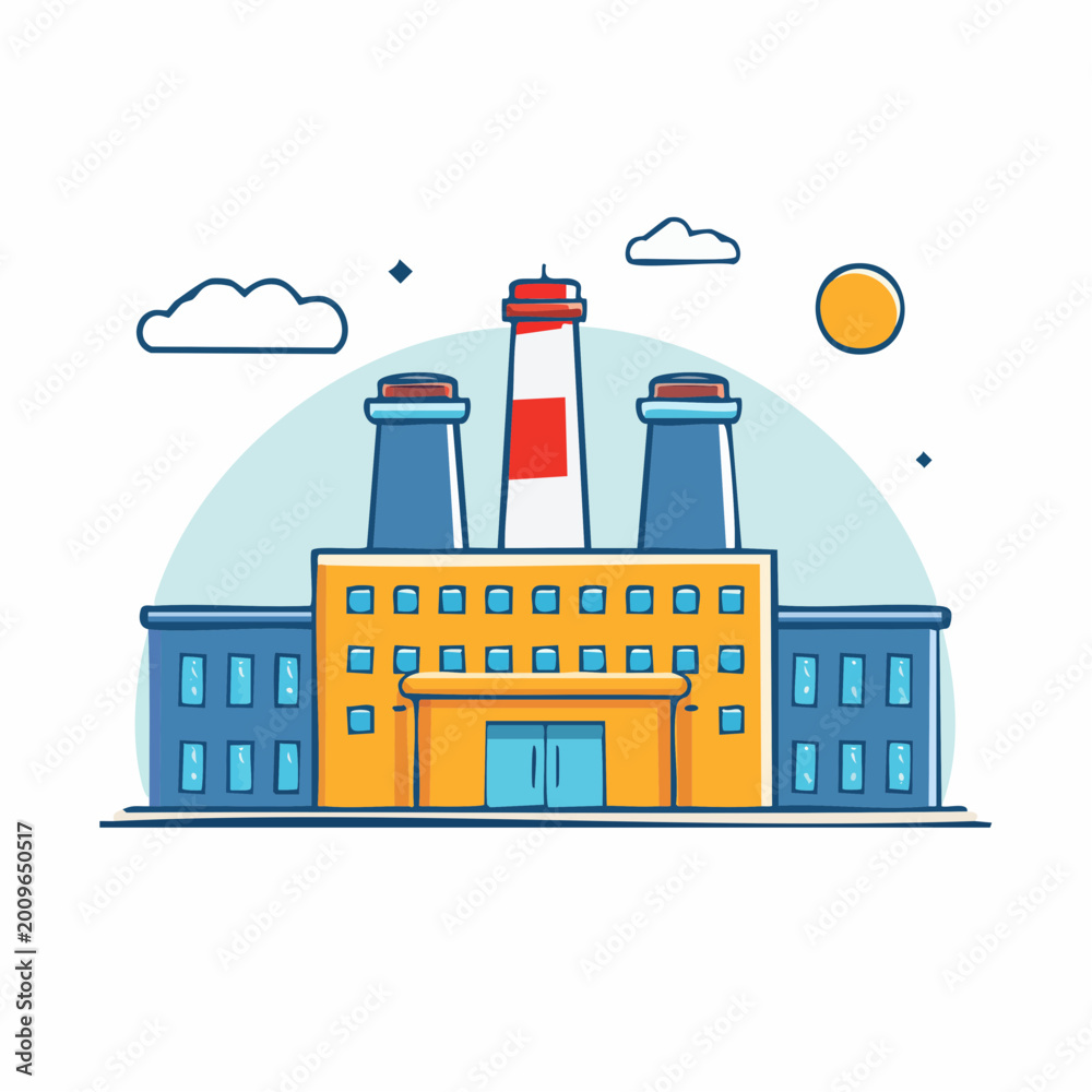 Naklejka premium Cartoon Factory Building with Smokestacks and Clouds