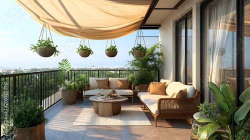 modern outdoor balcony lounge with hanging plants and cozy seating in natural light
