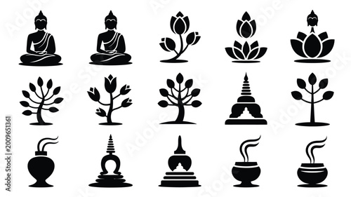 Bild auf Leinwand Collection of minimalist black vector icons featuring buddha lotus flowers trees