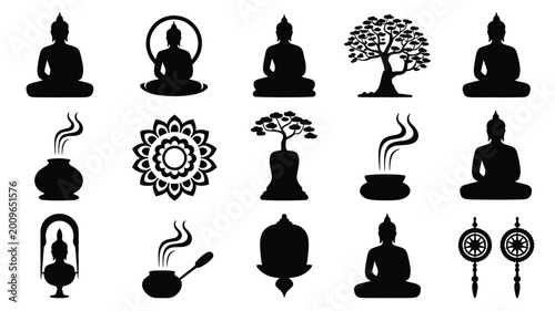 Canvas Print Black silhouettes of buddha statues trees lotus flowers and meditation symbols o