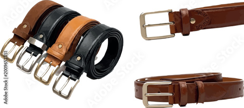 Fotografie Stylish leather belts with metallic buckles isolated on transparent background r