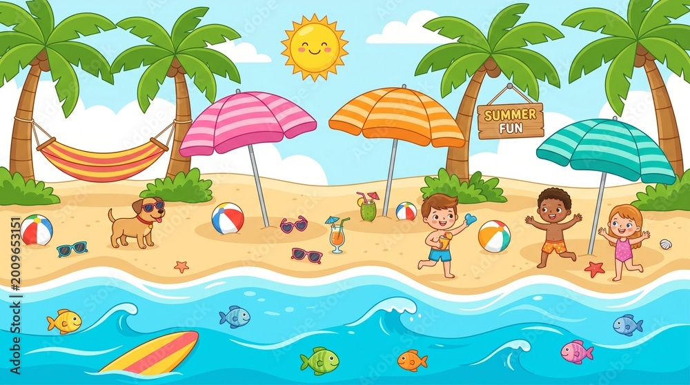 Obraz premium Happy kids and dog on a sunny tropical beach. Building sandcastles, splashing in ocean waves. Palm trees, colorful umbrellas, surfboards. Summer vacation fun
