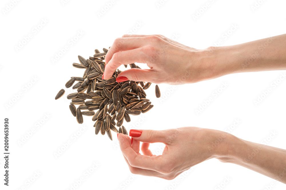 Fototapeta premium Female hand sunflower seeds on a white background isolation