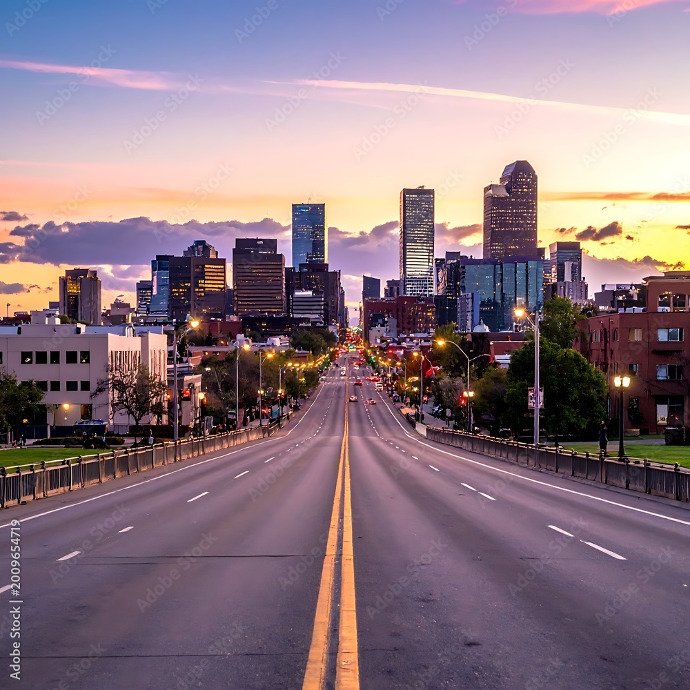 Fototapeta premium Cityscape at sunset with empty highway.