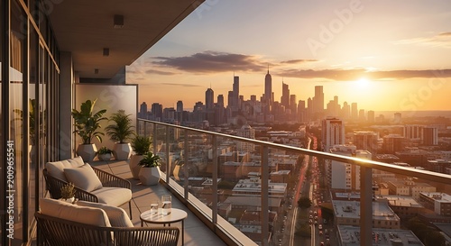 Modern luxury balcony featuring comfortable outdoor lounge furniture with potted plants and a small table set for relaxing evening drinks
