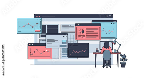 Woman works on digital dashboard with data analysis charts and graphs