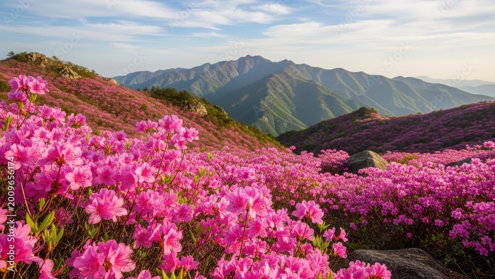Fototapeta premium vibrant pink moss phlox flowers blooming on mountain slope with scenic valley view in spring