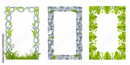 three decorative frames with tropical leaves and vines vector illustration
