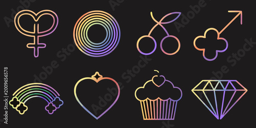 Fotografía queer pride symbols collection vibrant gradient line icons on black