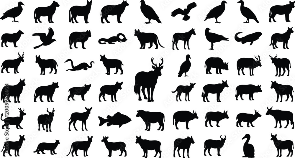 Fototapeta premium Black Animal Silhouettes on White Background