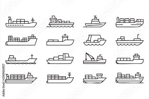 Maritime transport outline icons featuring cargo boats, shipping containers, port vessels, and ocean freight design