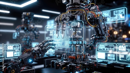 Advanced robotics interaction futuristic technology showcase industrial setting digital innovations