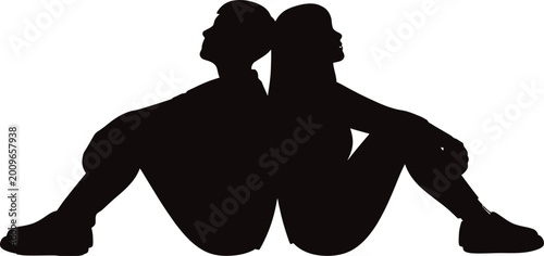 Photos Black silhouette of young man and woman sitting back to back on transparent background