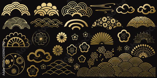 Fotografie traditional japanese wave and floral patterns gold on black