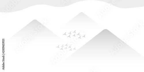 Vector abstract art landscape mountain with birds and sunrise sunset by golden line art texture isolated on dark grey black background. Minimal luxury style for wallpaper, wall art decoration.