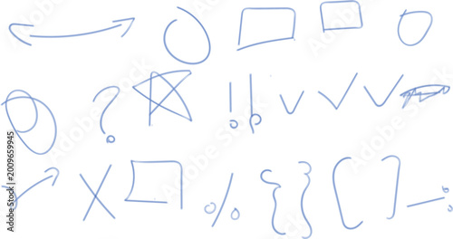 Hand drawn blue doodle shapes and symbols on transparent background