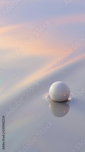 Abstract Soft Pastel Sky Reflecting On Calm Water Surface With A Single White Sphere Creating Gentle Ripples