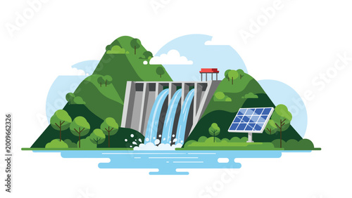 Sustainable energy concept showing a hydroelectric dam in the mountains combined with solar panels and trees.