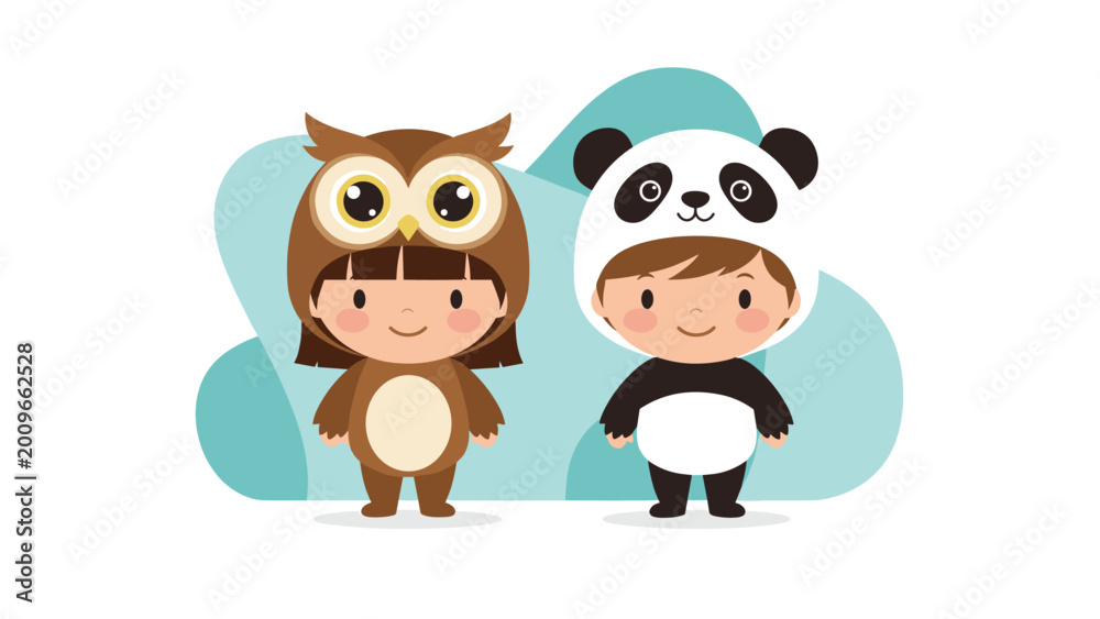 Naklejka premium Charming young girl and boy wearing cozy owl and panda animal onesie costumes stand together against a soft blue and white background.