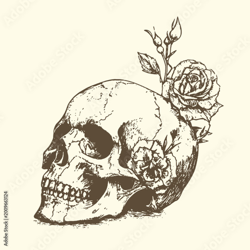 Fotografie Skulls and roses sketch illustration with hand drawn illustration botanical frag