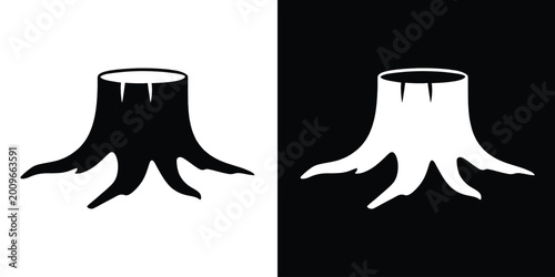 Fotografie Tree stump black silhouette vector, Dead tree roots vector