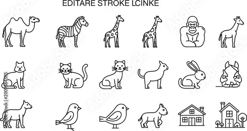 Foto Outline Stroke Animal and House Icon Collection Set with Camel Zebra Giraffe Cat