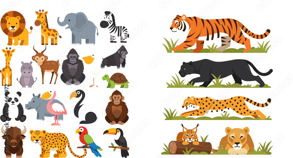 Obraz premium Cute Cartoon Safari and Wild Big Cat Animal Collection Set with Tiger Panther Leopard and Jungle Creatures for Kids Illustration Design