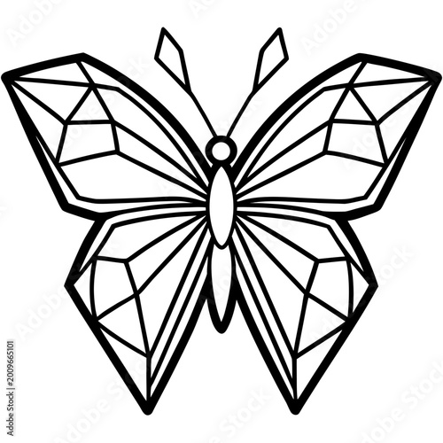 Geometric butterfly illustration with faceted wings in black lines