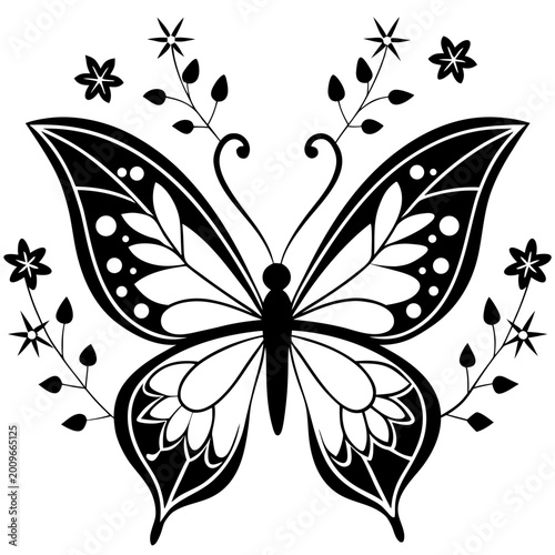 Black and white butterfly with flowers and leaves on for coloring book pages