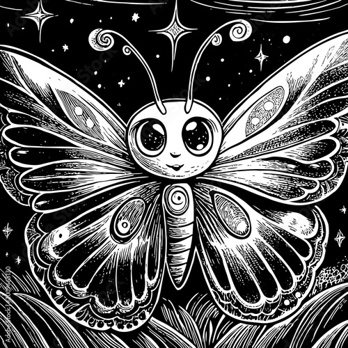 A black and white illustration of a cute moth with big eyes and stars in the background in a whimsical style
