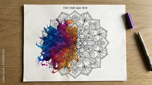 Half-colored mandala with vibrant splashes of paint on paper, inviting creativity and self-discovery through art