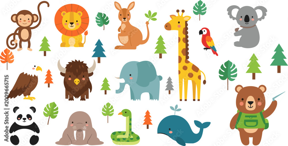 Fototapeta premium Cute Cartoon Wild Animal Collection Set with Lion Elephant Giraffe Panda and Ocean Whale for Kids and Nursery Illustration Design