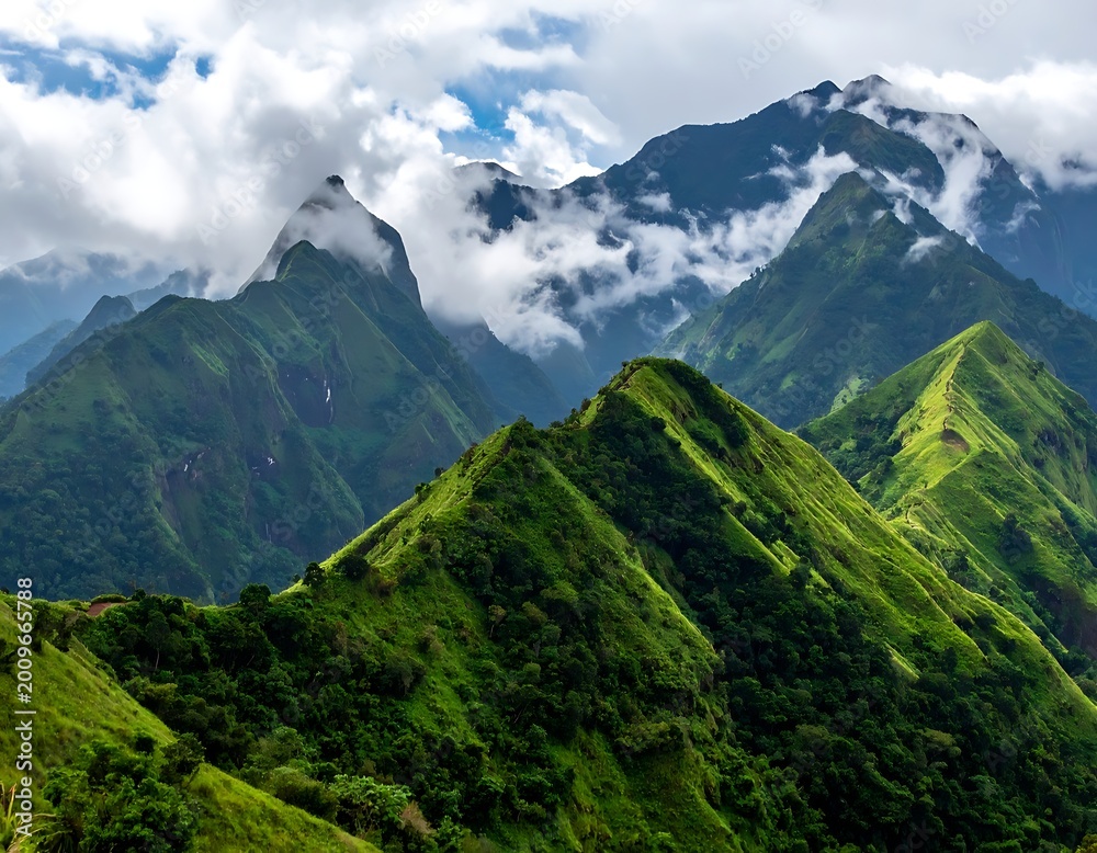 Fototapeta premium Majestic green mountain range landscape scenery.