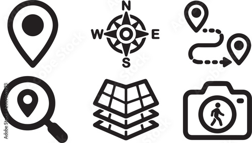 Set of navigation and travel icons like map pins, compass, route, and camera.