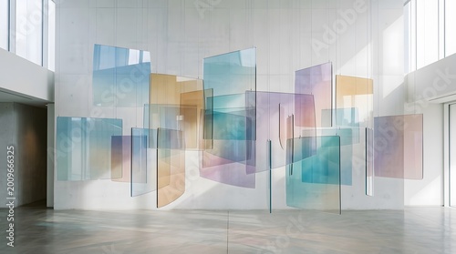 Abstract art installation featuring gracefully suspended translucent panels, creating a vibrant spectrum of shifting colors and ethereal light within a modern, minimalist exhibition space