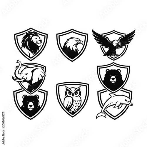 Animal Crest Emblems: Lion, Eagle, Bear, Elephant, Owl, Dolphin, Hawk