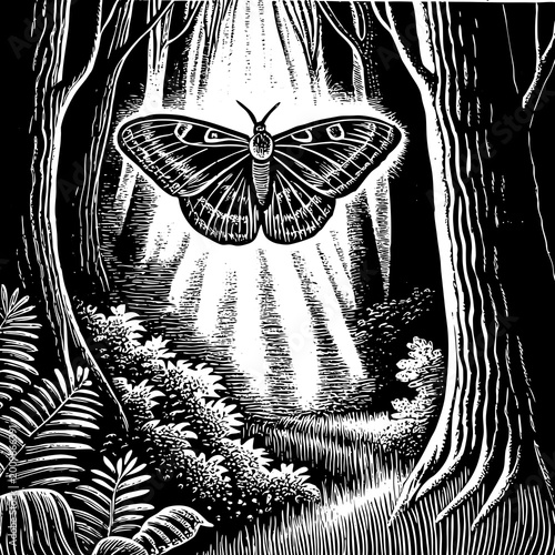 A black and white illustration of a moth in a forest with trees and plants around it