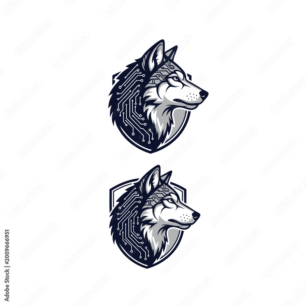 Obraz premium Cyberpunk Wolf Head Logo Emblem with Circuit Board Pattern