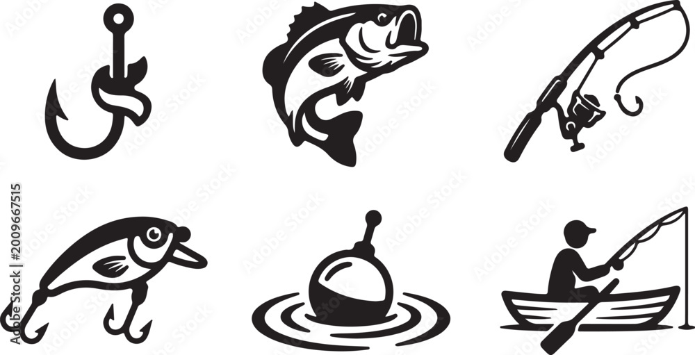 Obraz premium Fishing hobby and equipment icons set.