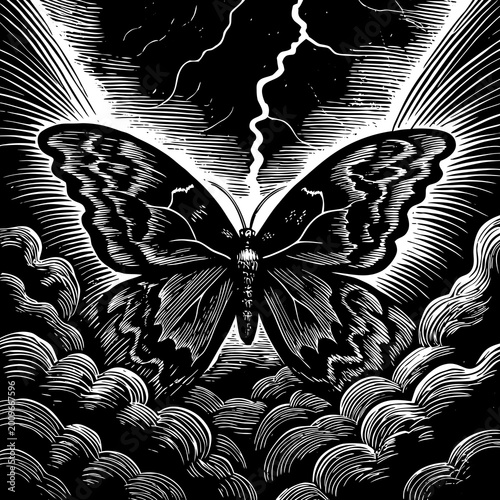 A black and white illustration of a butterfly with its wings spread wide in the clouds with lightning in the background