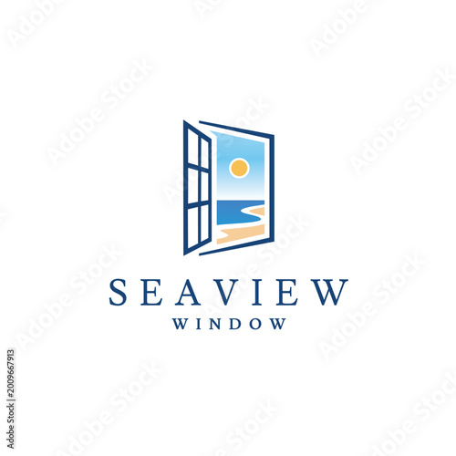 Tableau sur toile Seaview Window Logo Design with Beach Landscape Vector