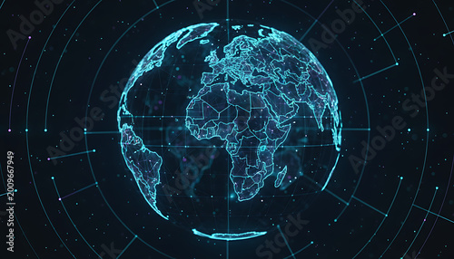 Glowing digital world map with interconnected lines on dark background representing global connections and technology