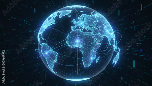 Glowing blue world map with interconnected lines on dark background symbolizing global connections and technology