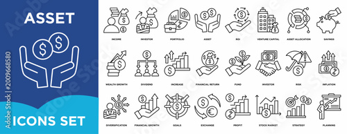 Asset  icon set illustrating income, investor, portfolio, asset, roi, venture capital for management and corporate projects.