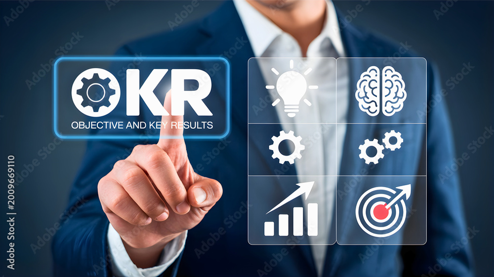 Obraz premium Business professional interacting with a digital interface displaying OKR - Objective and Key Results, goal setting, and performance metrics