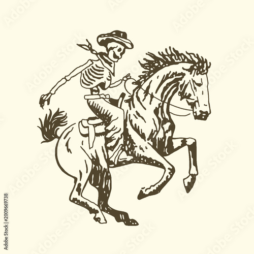 Photos Skeleton cowboy riding horse illustration with wild west line art hand drawn old