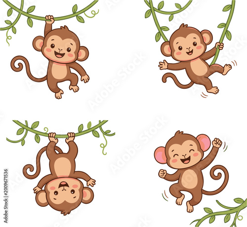 Photography Cute monkey characters playing and hanging on tree branches in different poses a