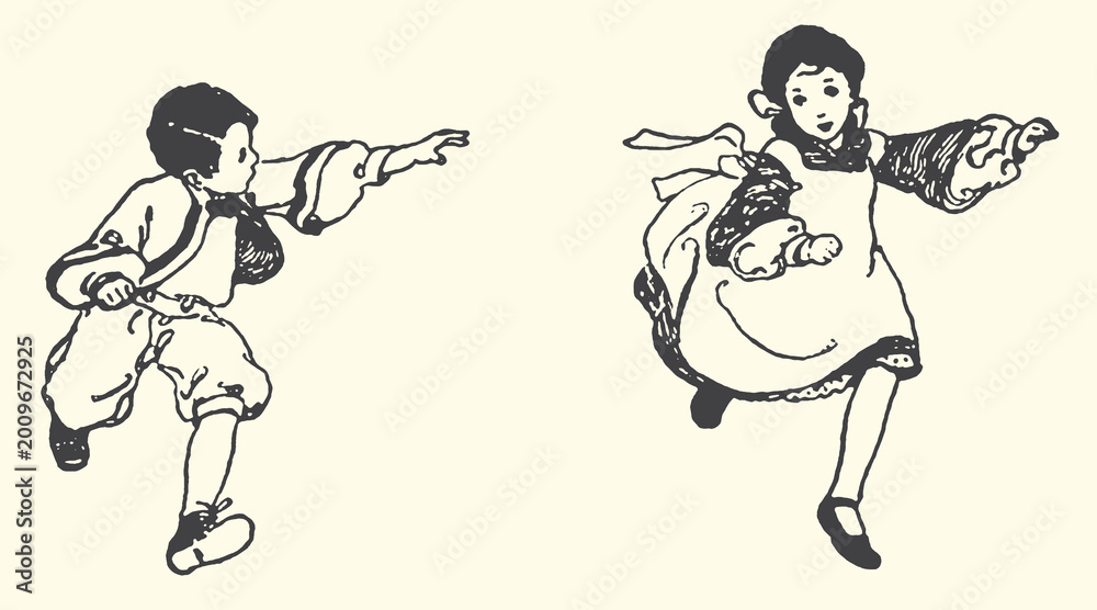 Fototapeta premium Two children in traditional clothing running and reaching out with children reaching outstretched childhood innocence movement activity traditional clothing historical illustration siblings