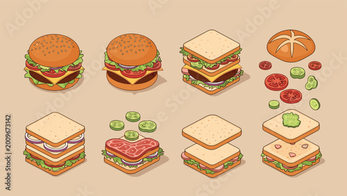 Detailed infographic showing various steps and ingredients involved in making delicious hamburgers and sandwiches with meat, cheese, and vegetables.